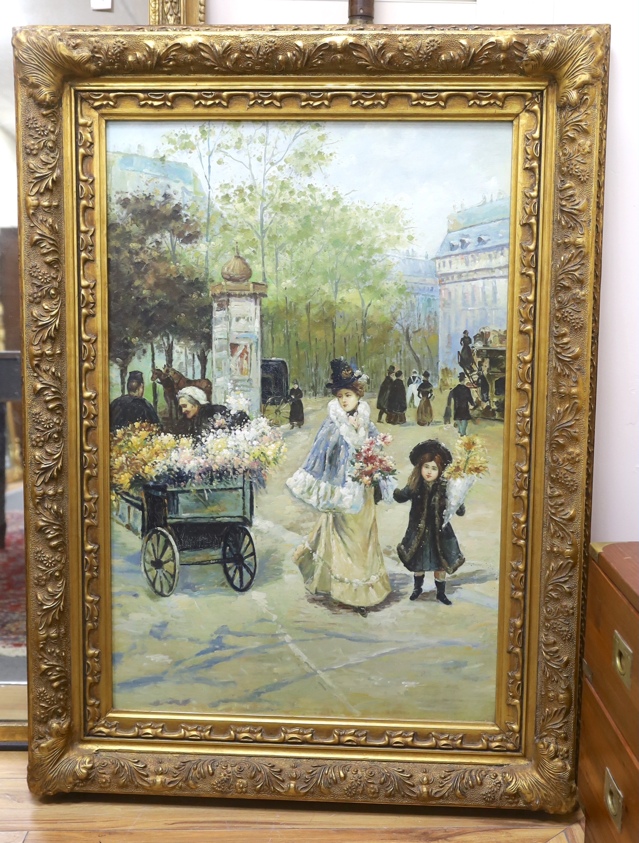 A decorative French style oil on canvas, Flower seller and figures, unsigned, 90 x 60cm, ornately framed